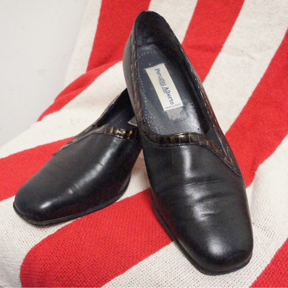 VTG 80s Perugini Alberto Black Soft Leather Snake Skin Pumps  SZ 37, US6.5-7
